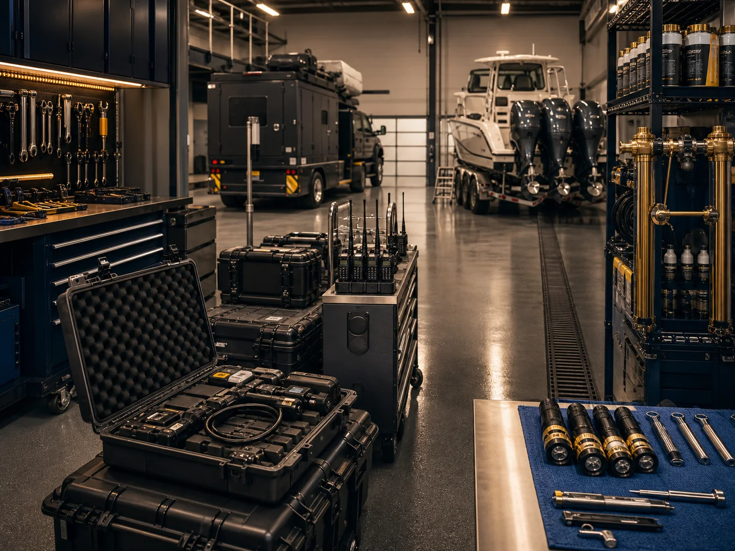 Generic service bay with organized equipment, tools, and fleet assets.