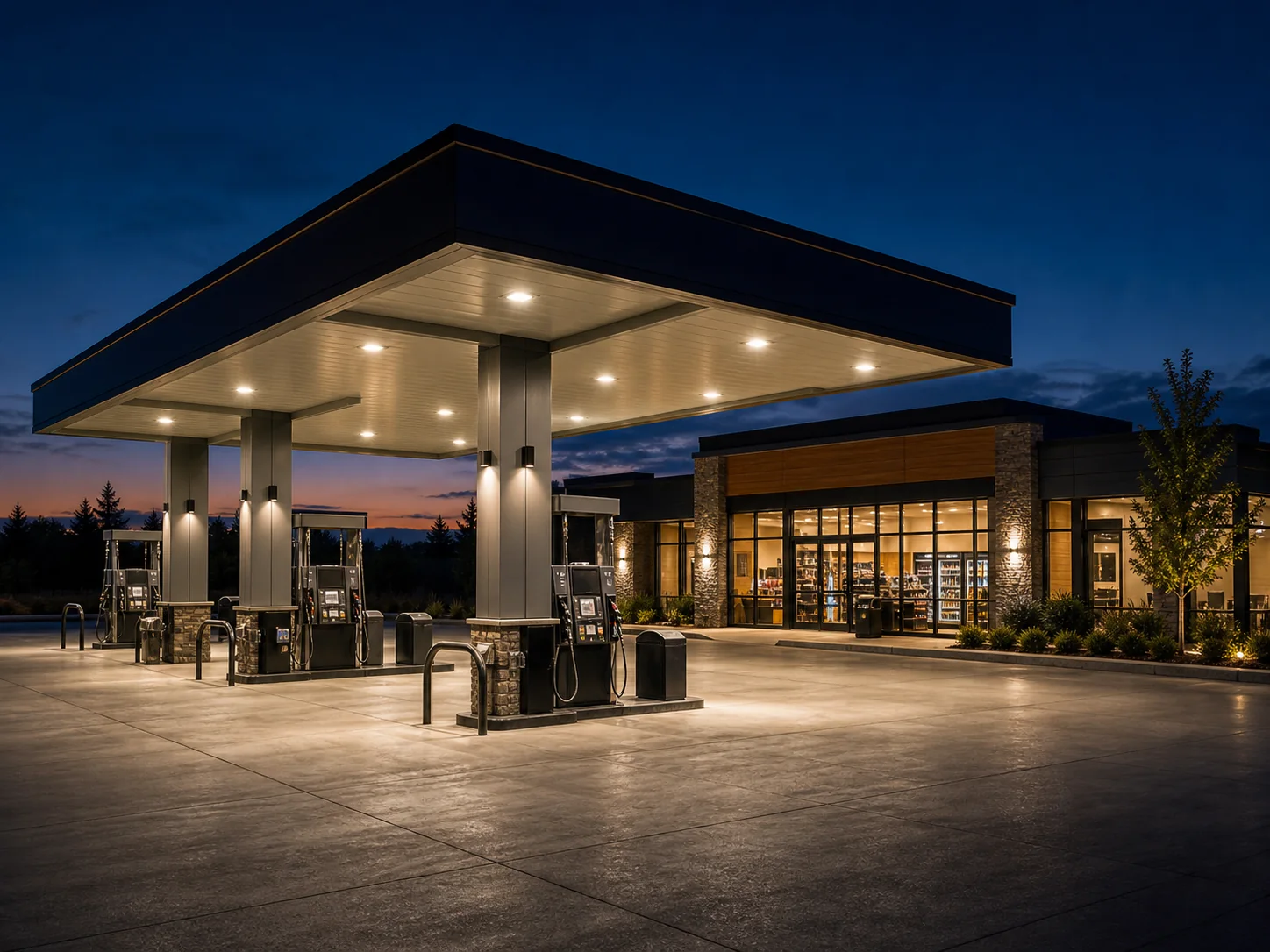 Generic fuel and convenience site at twilight with clean forecourt.