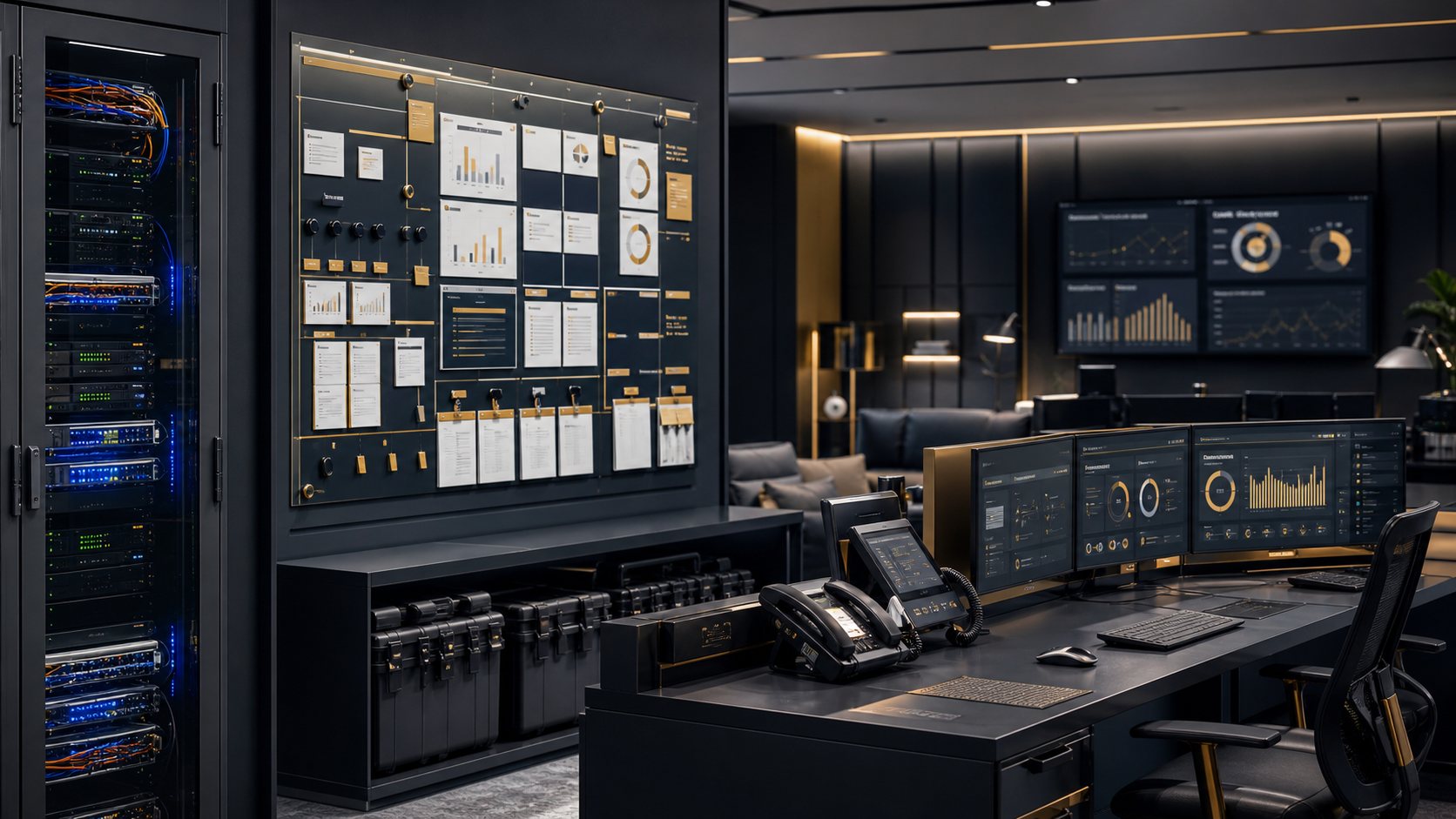 Generic operations command center with network equipment and planning systems.