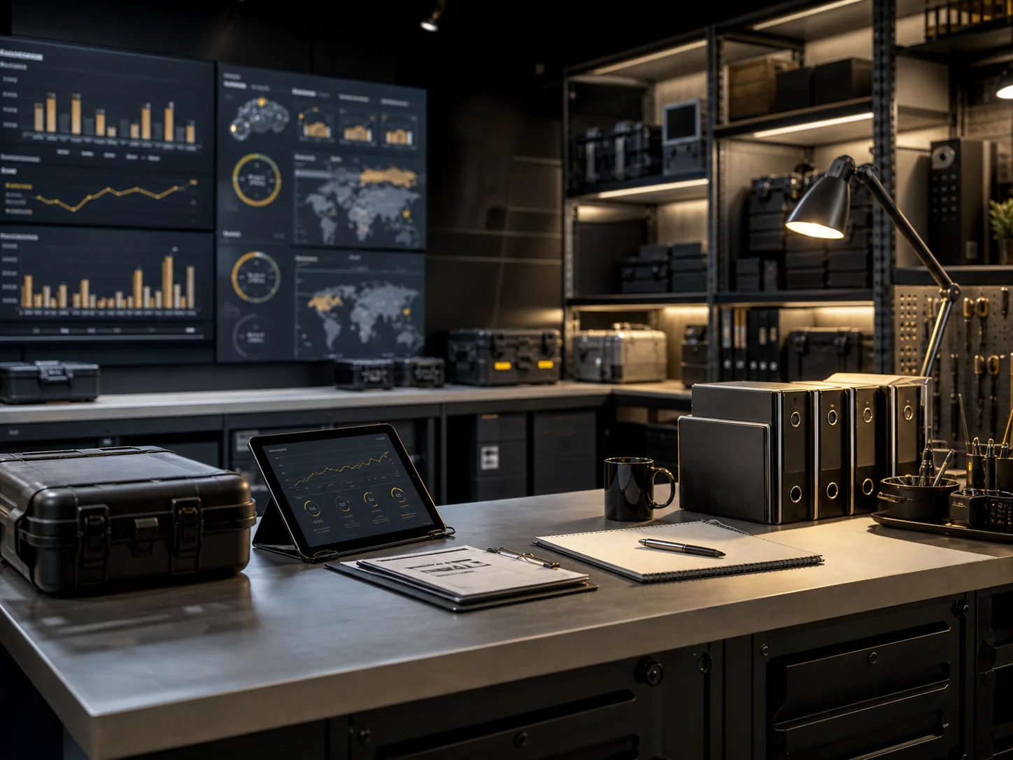 Generic operations room with organized equipment and planning displays.